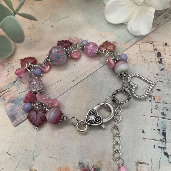 Handcrafted Romantic Pink & Lavender Floral beaded Charm Bracelet, gift for her 
