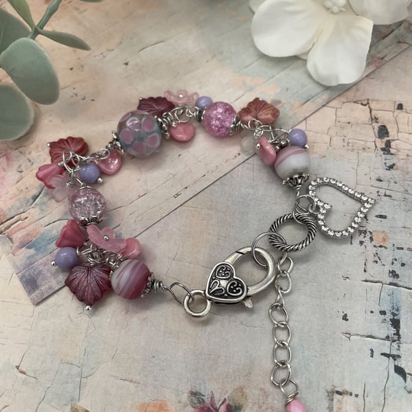 Handcrafted Romantic Pink & Lavender Floral beaded Charm Bracelet, gift for her 