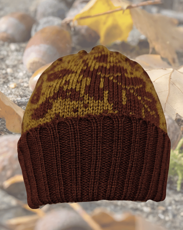 Acorns and Oak Leaves brown and old gold and chocolate brown merino hat, beanie 