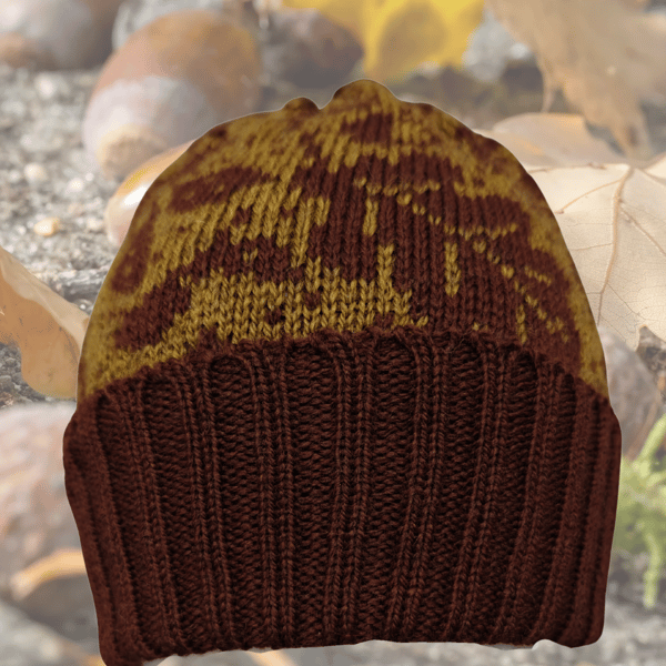 Acorns and Oak Leaves brown and old gold and chocolate brown merino hat, beanie 