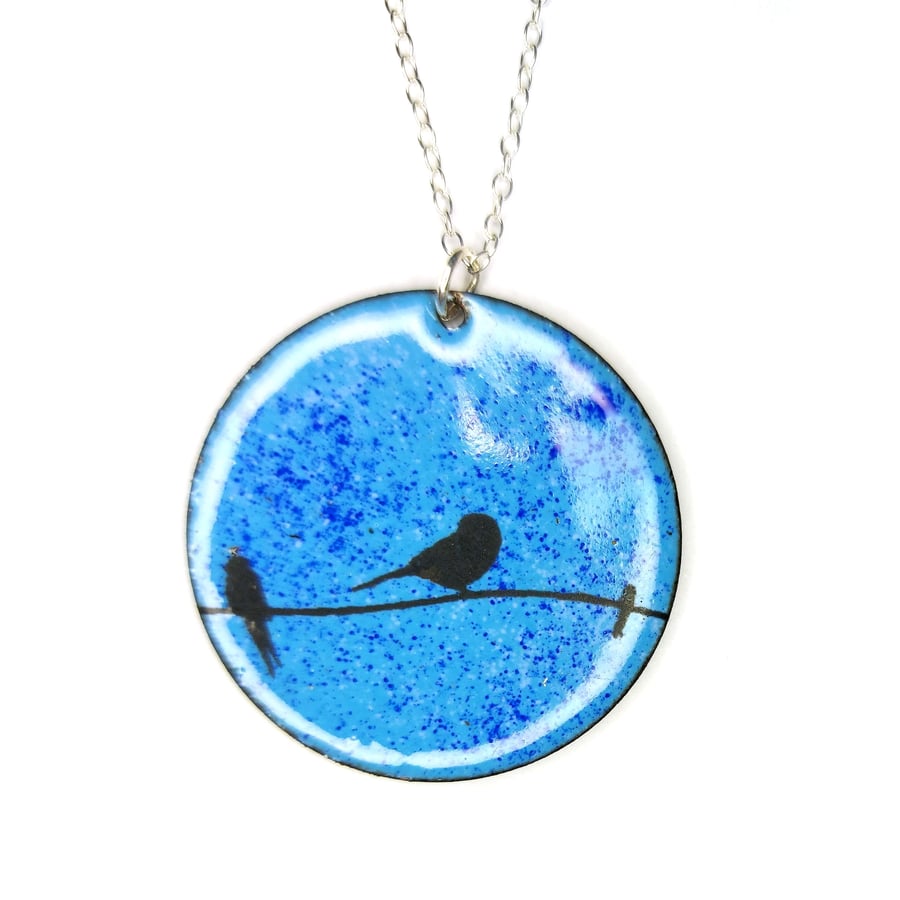 Blue enamel Birds on a wire pendant - round