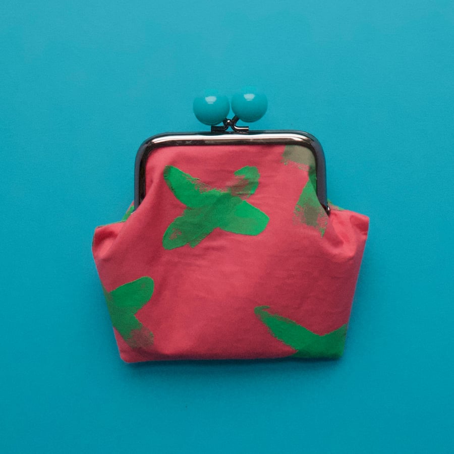 Hand painted fabric purse - pink and green