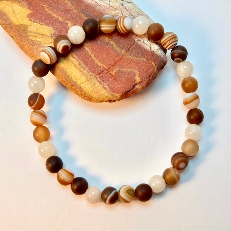 Frosted Brown Agate & Grey Jade Bracelet - Larger Wrist Size - Father's Day Gift