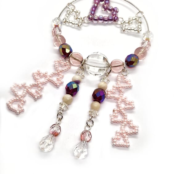 Pink purple and silver love hearts beaded hanging decoration