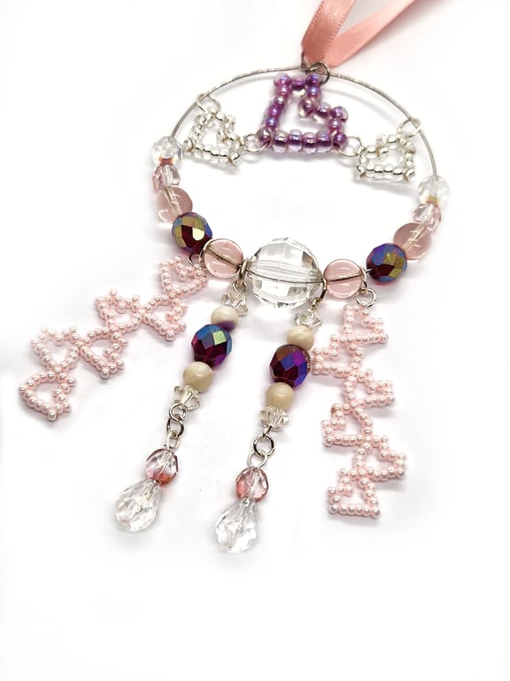 Pink purple and silver love hearts beaded hanging decoration