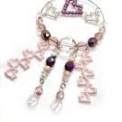 Pink purple and silver love hearts beaded hanging decoration
