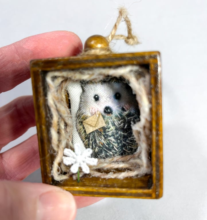 Miniature Hedgehog textile art in wooden drawer box, 3D fabric wall hanging