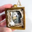 Miniature Hedgehog textile art in wooden drawer box, 3D fabric wall hanging