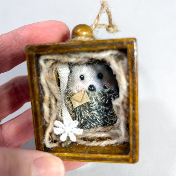Miniature Hedgehog textile art in wooden drawer box, 3D fabric wall hanging