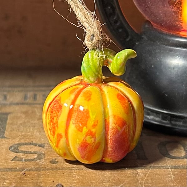 Yellow Small hanging ceramic pumpkin decoration 