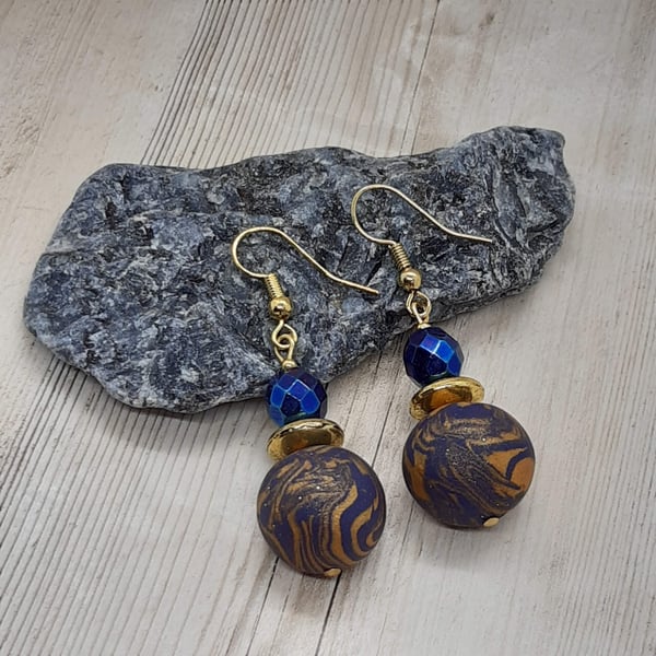 Navy blue and gold polymer clay earrings