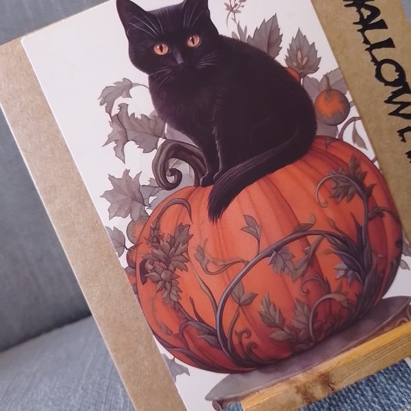 A cat on a pumpkin at halloween