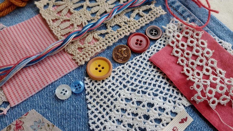 Slow Stitching kits - Rose Pink theme with upcycled blue denim jeans