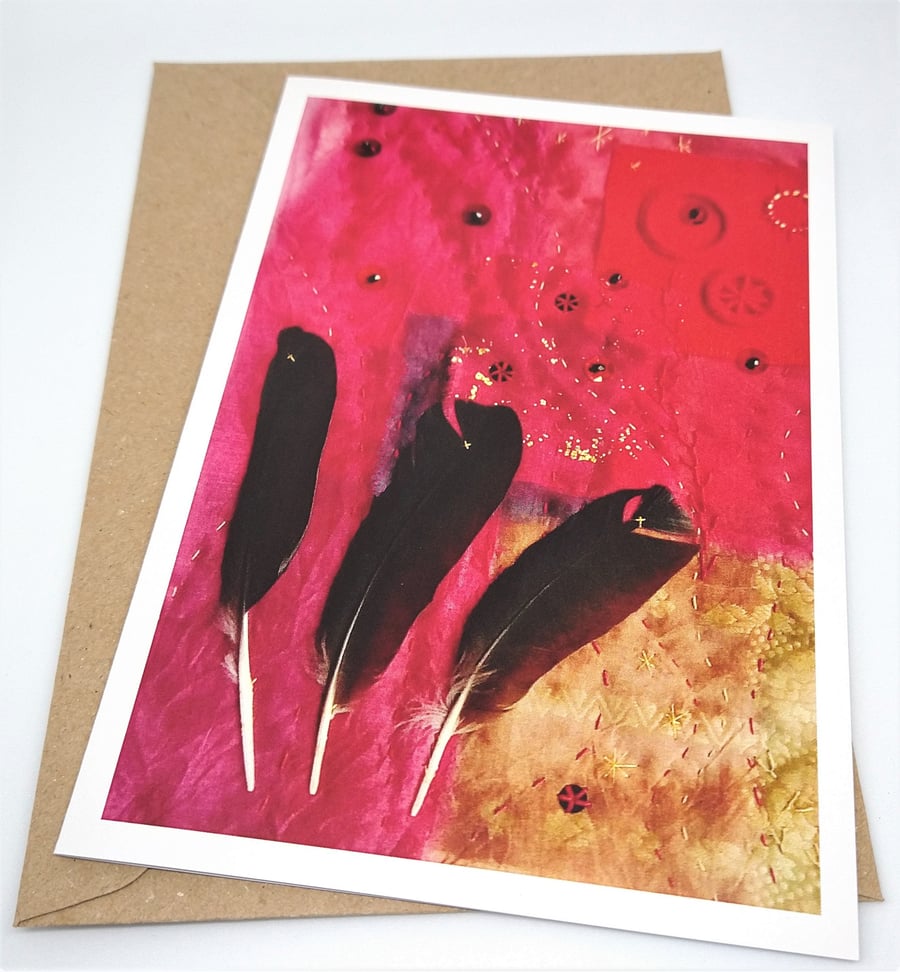 Red Feathers Textile Collage Greetings Card