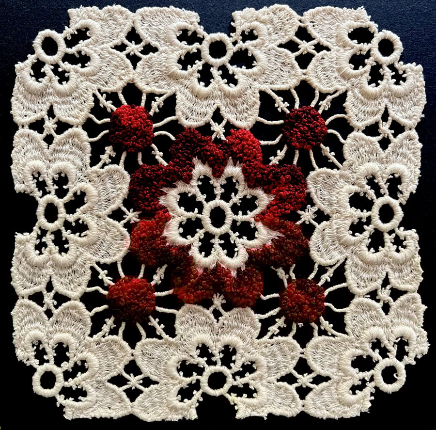 Hand stitched vintage doily embroidery art