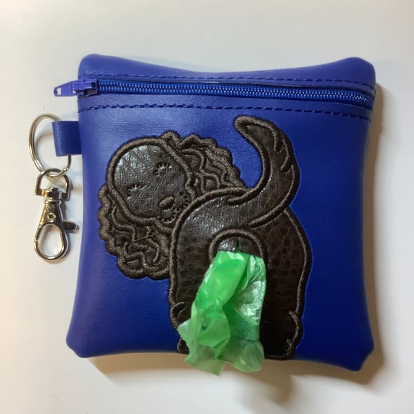 Attractive  Spaniel Embroidered Blue faux leather dog poo bag ,dog walking,