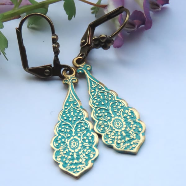 Victorian Art Nouveau Embossed Hand Painted Verdigris Brass Drop Earrings