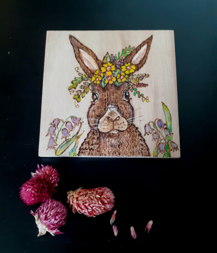 Rabbit wearing a spring flower crown artwork 