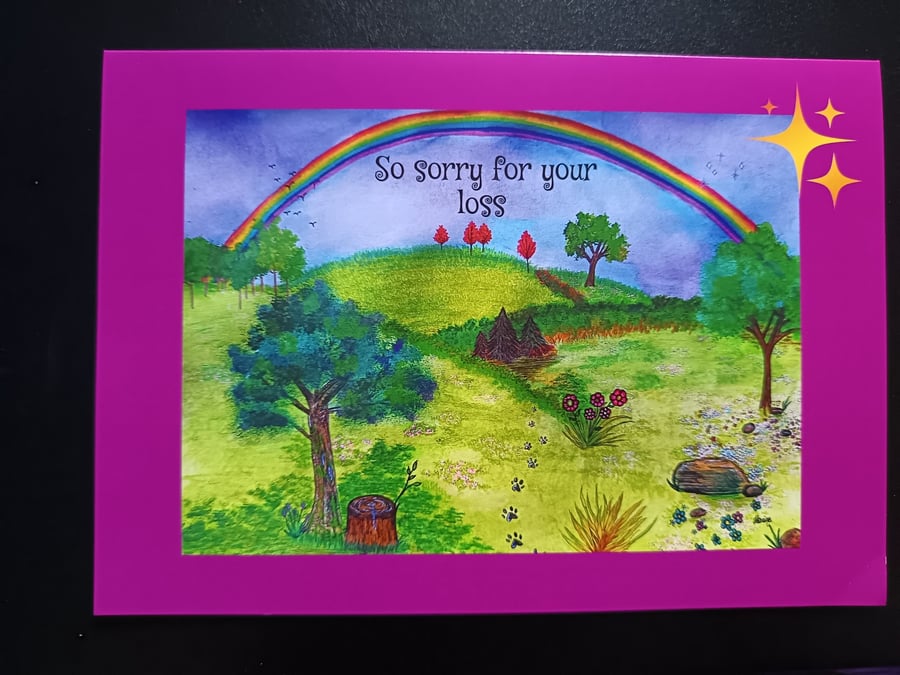 A5 art print pet bereavement card: Over Rainbow Bridge 