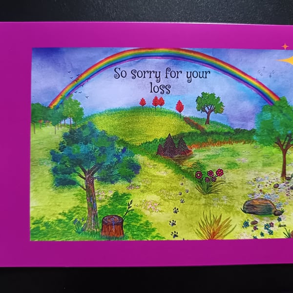 A5 art print pet bereavement card: Over Rainbow Bridge 