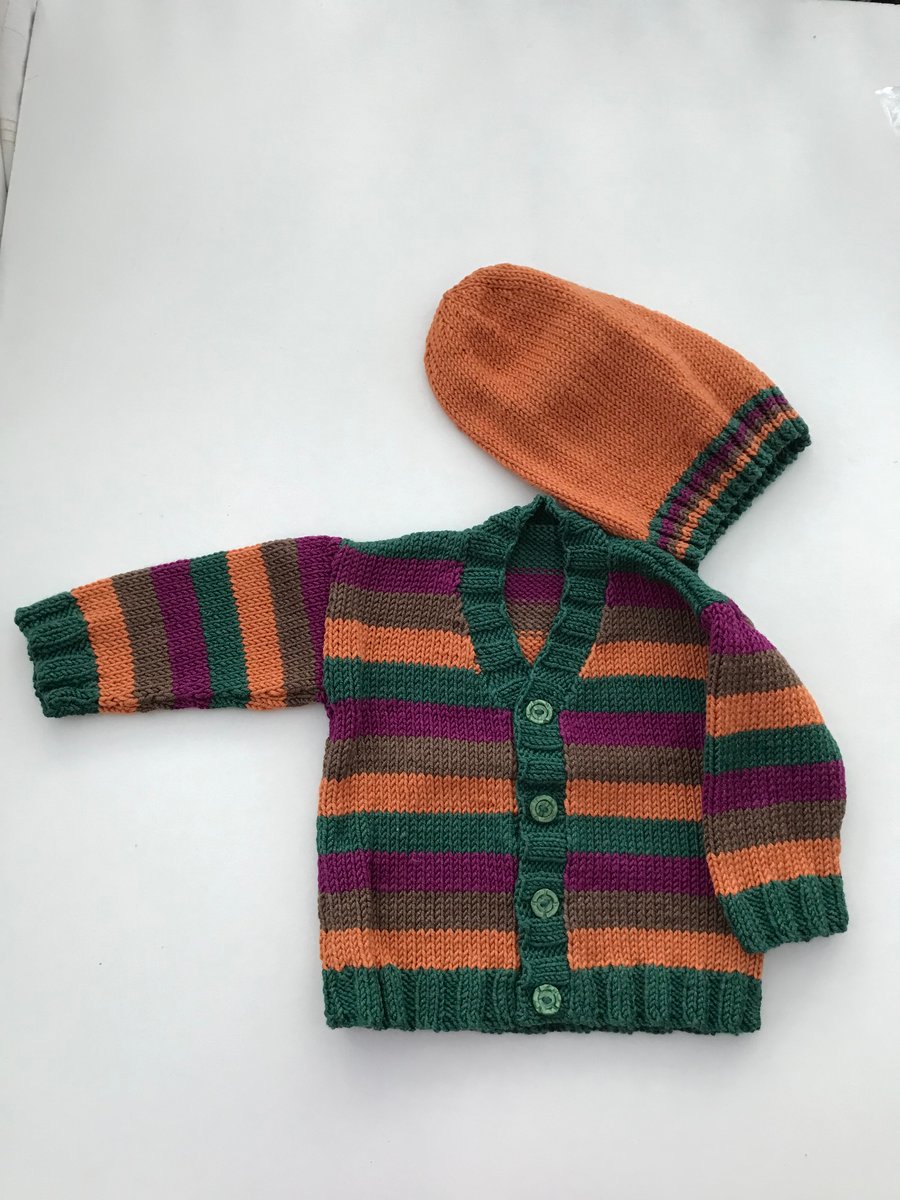 Hand knitted baby striped cardigan and hat 