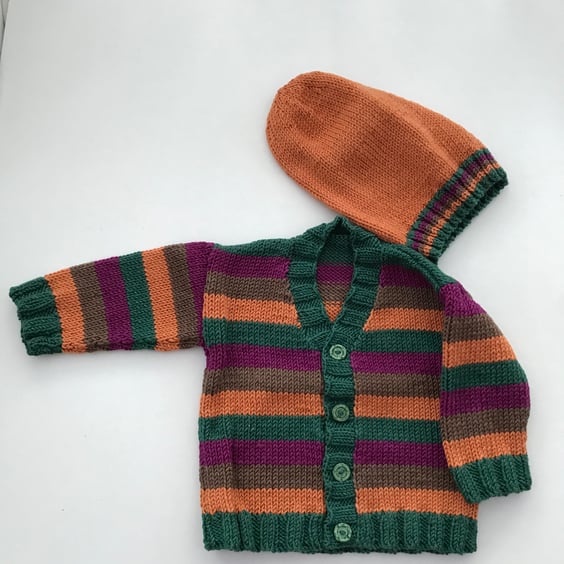 Hand knitted baby striped cardigan and hat 