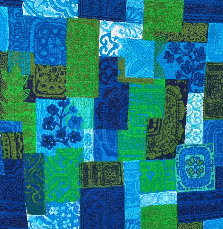 AMAZING RETRO Patchwork Style Blue Lime BARKLOTH 60s 70s Vintage Fabric