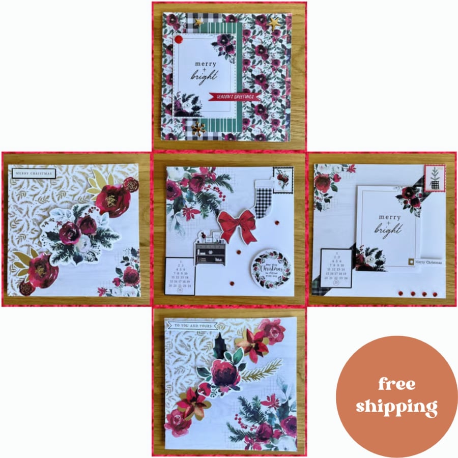 Card. Set of five traditional floral Christmas cards. Free postage.