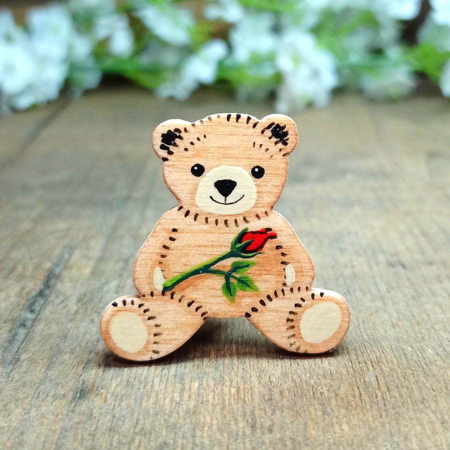 Rose Teddy Bear Brooch, Handmade Anniversary Gift, Personalised I Love You Gift