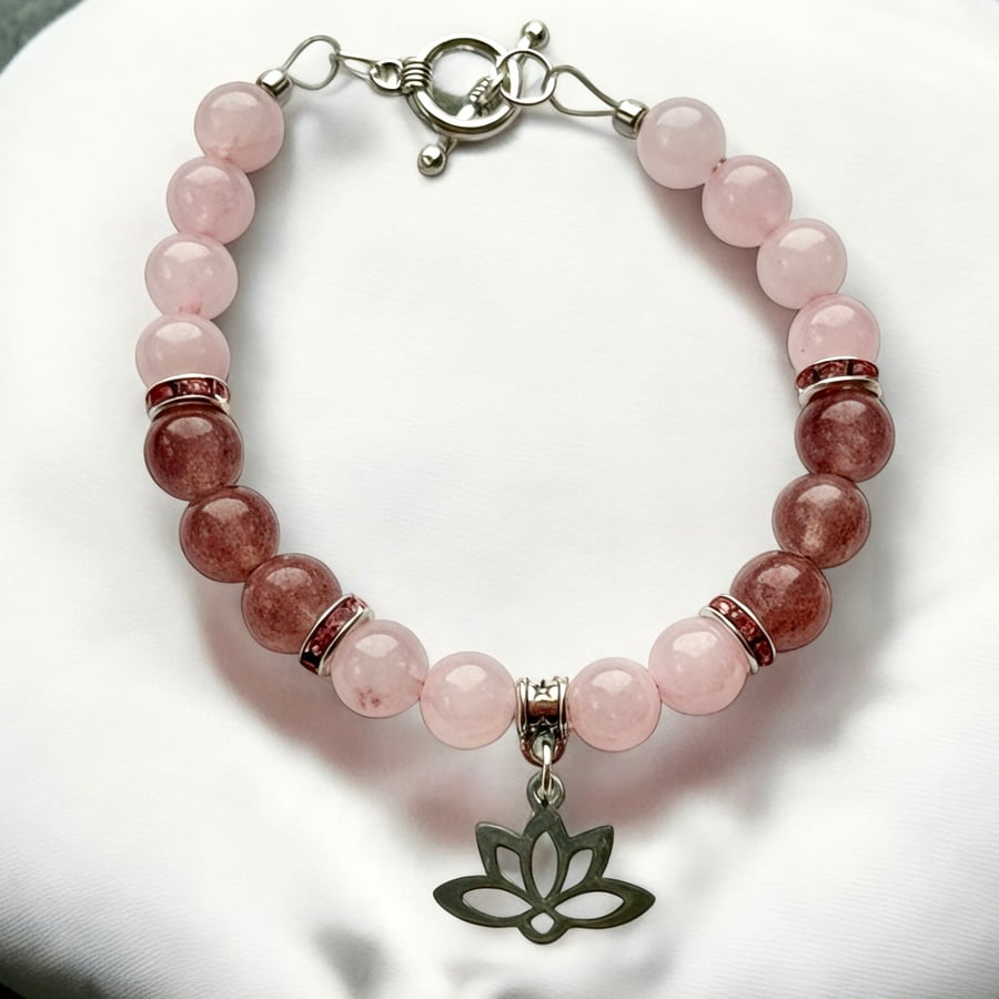 Strawberry and Rose Quartz Bracelet with Lotus charm