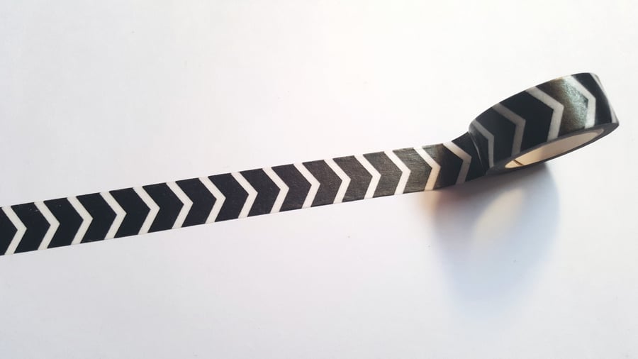 1 x 5m Roll Adhesive Craft Washi Tape - 15mm - Chevron - Black & White 
