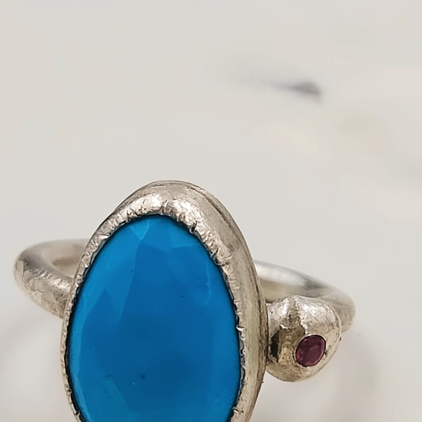 Turquoise Rose Cut Slice & Rhodolite Garnet Silver Ring
