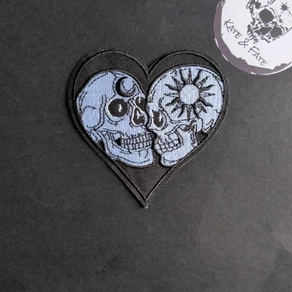  Sun & Moon Skulls Heart - Embroidered Iron on Patch