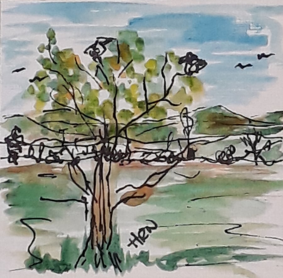 Original pen and watercolour mini doodle drawing Birds in the tree 4