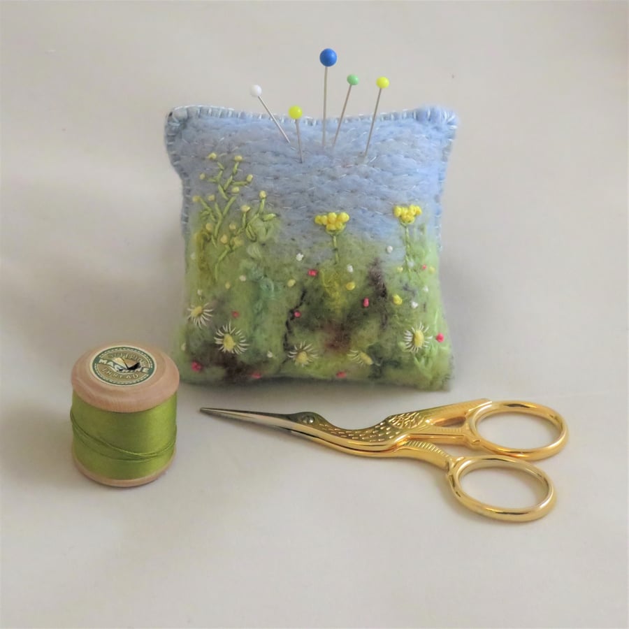 Buttercup Meadow Felted and Embroidered Pincushion 