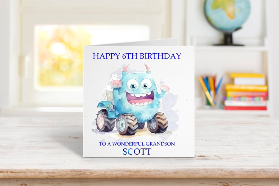 Personalised Monster Trucks Birthday Card. Design 3
