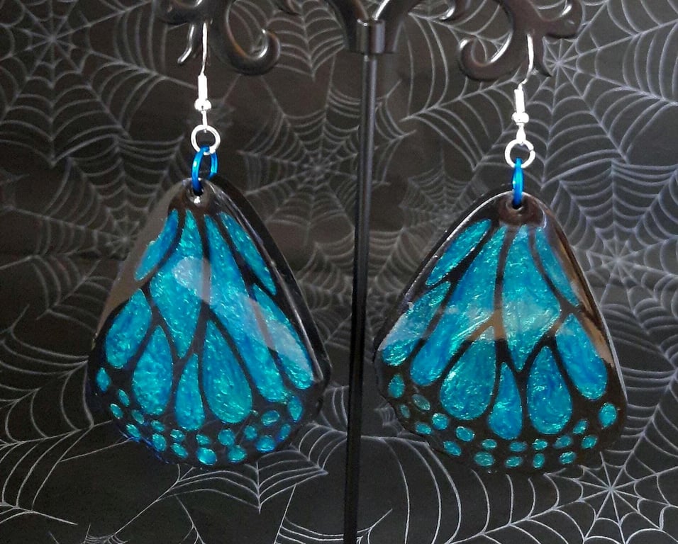 Blue Morpho Butterfly Wing Earrings: Resin Dangle, 925 Silver