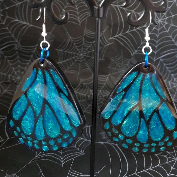 Blue Morpho Butterfly Wing Earrings: Resin Dangle, 925 Silver