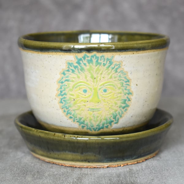 19-248 Hand thrown green man plant pot with integral saucer (Free UK postage)