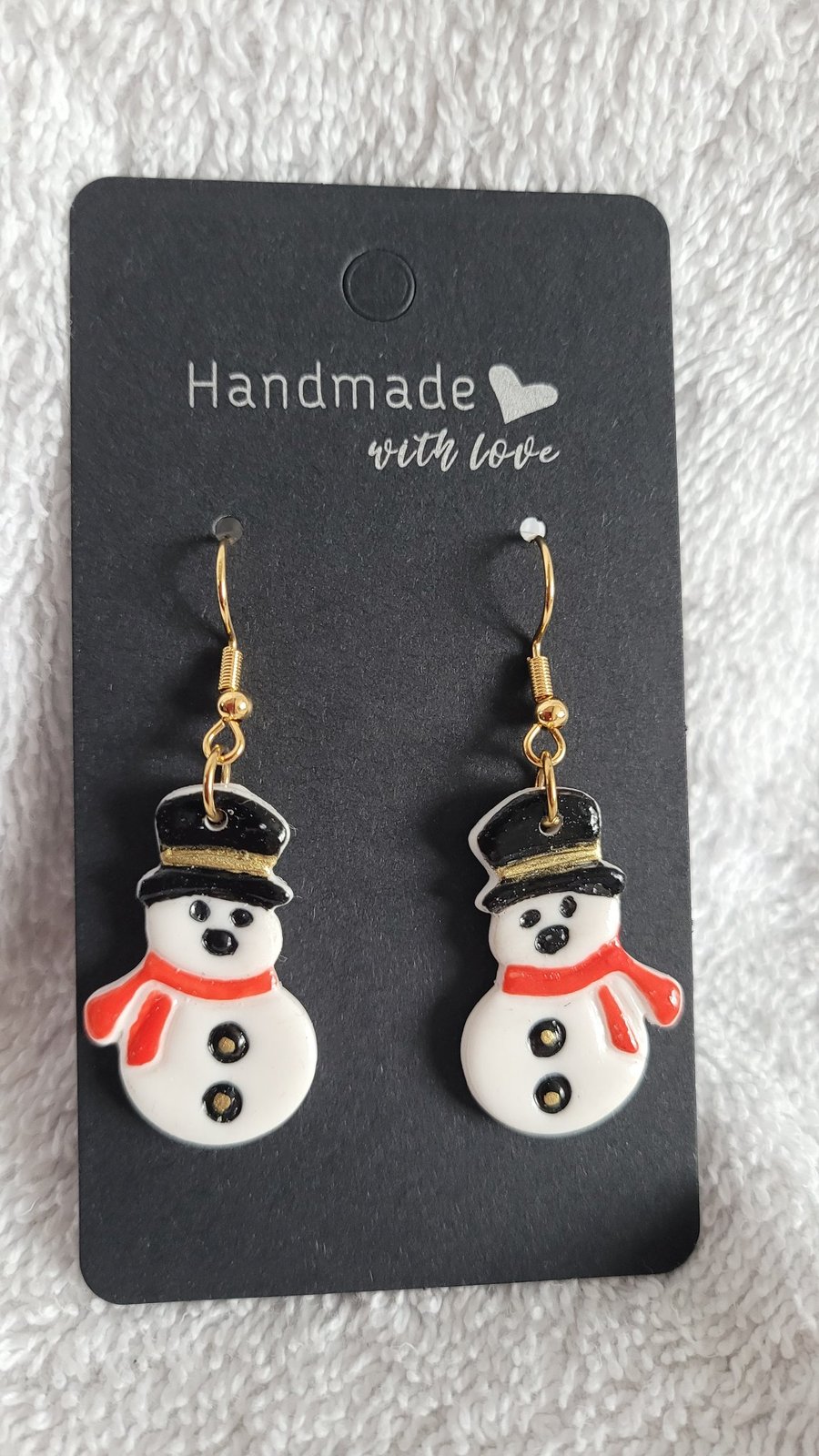 Image of Handmade Snowman Polymer Clay Earrings. 316 Surgical Stainless Steel 