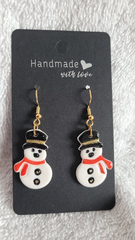 Handmade Snowman Polymer Clay Earrings. 316 Surgical Stainless Steel 