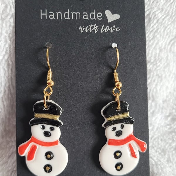 Handmade Snowman Polymer Clay Earrings. 316 Surgical Stainless Steel 