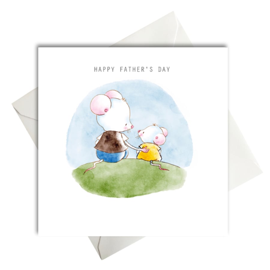 Father's Day Card Watercolour Illustration of Cute Father and Daughter Mouse