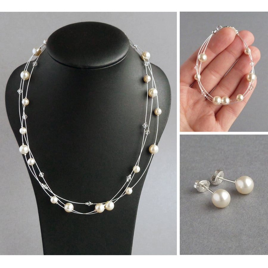 Cream Pearl Jewellery Set - Cream Floating Pearl Bridesmaid Gifts - Wedding