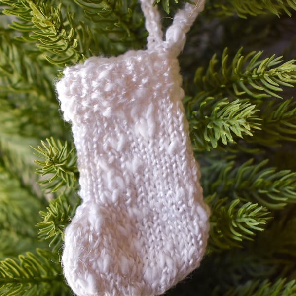 SOLD Hand knitted mini stocking - Christmas Decorations - White