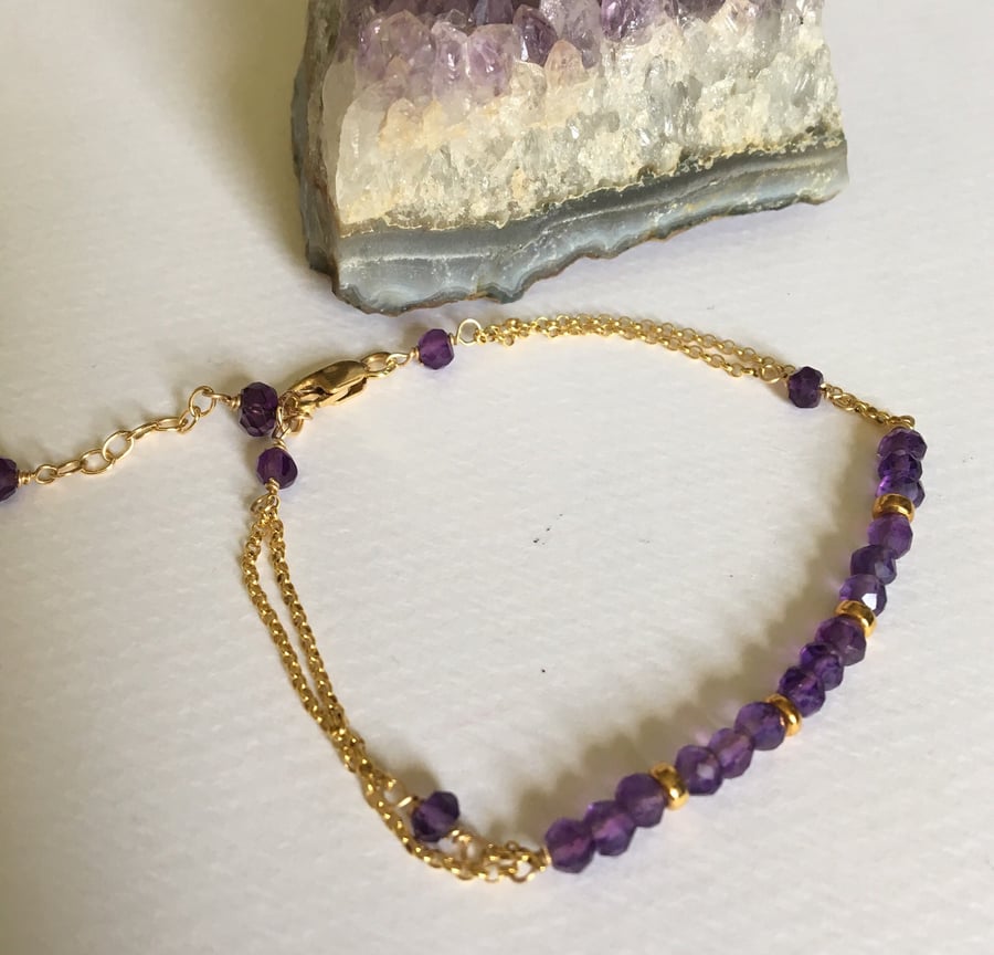 Amethyst and goldfill double chain bracelet