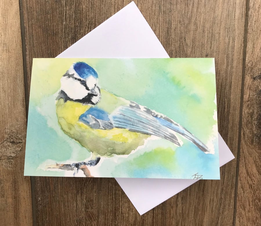 Pretty watercolour blue tit greeting card by UK artist Janet Bird