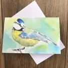 Pretty watercolour blue tit greeting card by UK artist Janet Bird