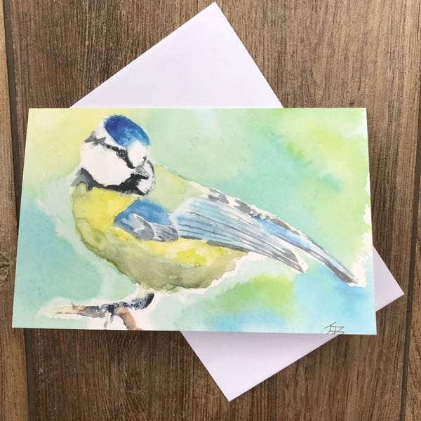 Pretty watercolour blue tit greeting card by UK artist Janet Bird