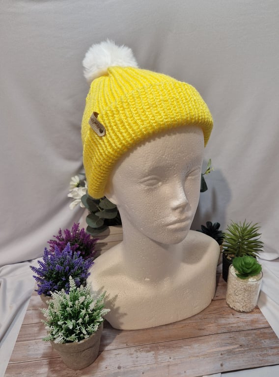 Childs Knitted Pompom Hat in sunshine yellow
